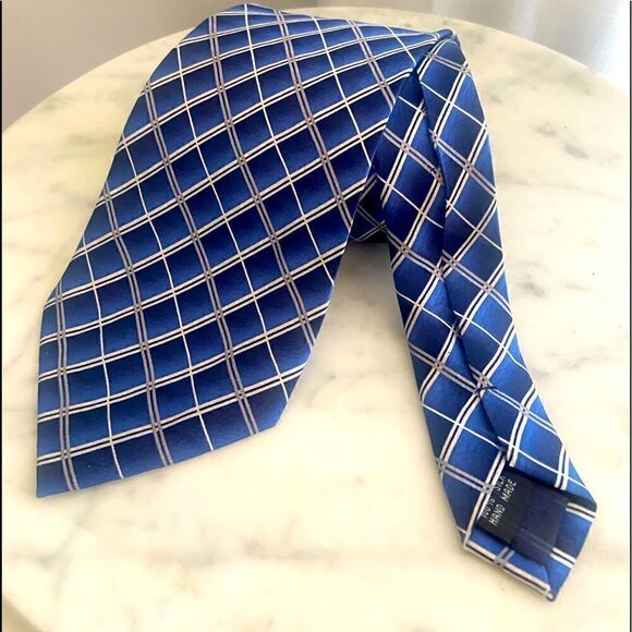PIERRE CARDIN Multiple Blue Diaganol Striped Checkered 100% Silk Tie - Picture 2 of 11